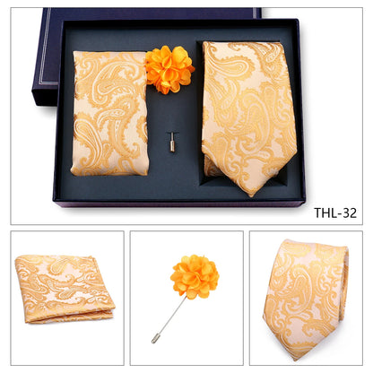 Elegant Ties For Men Classic Paisly Neck Tie Pocket Square Brooch Set With Gift Box Mens Business Wedding Suit Accessories
