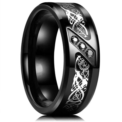 30 Colors Fashion 8MM Men Stainless Steel Celtic Dragon Rings Inlay Carbon Fiber Rings For Men Women Wedding Party Jewelry Gifts