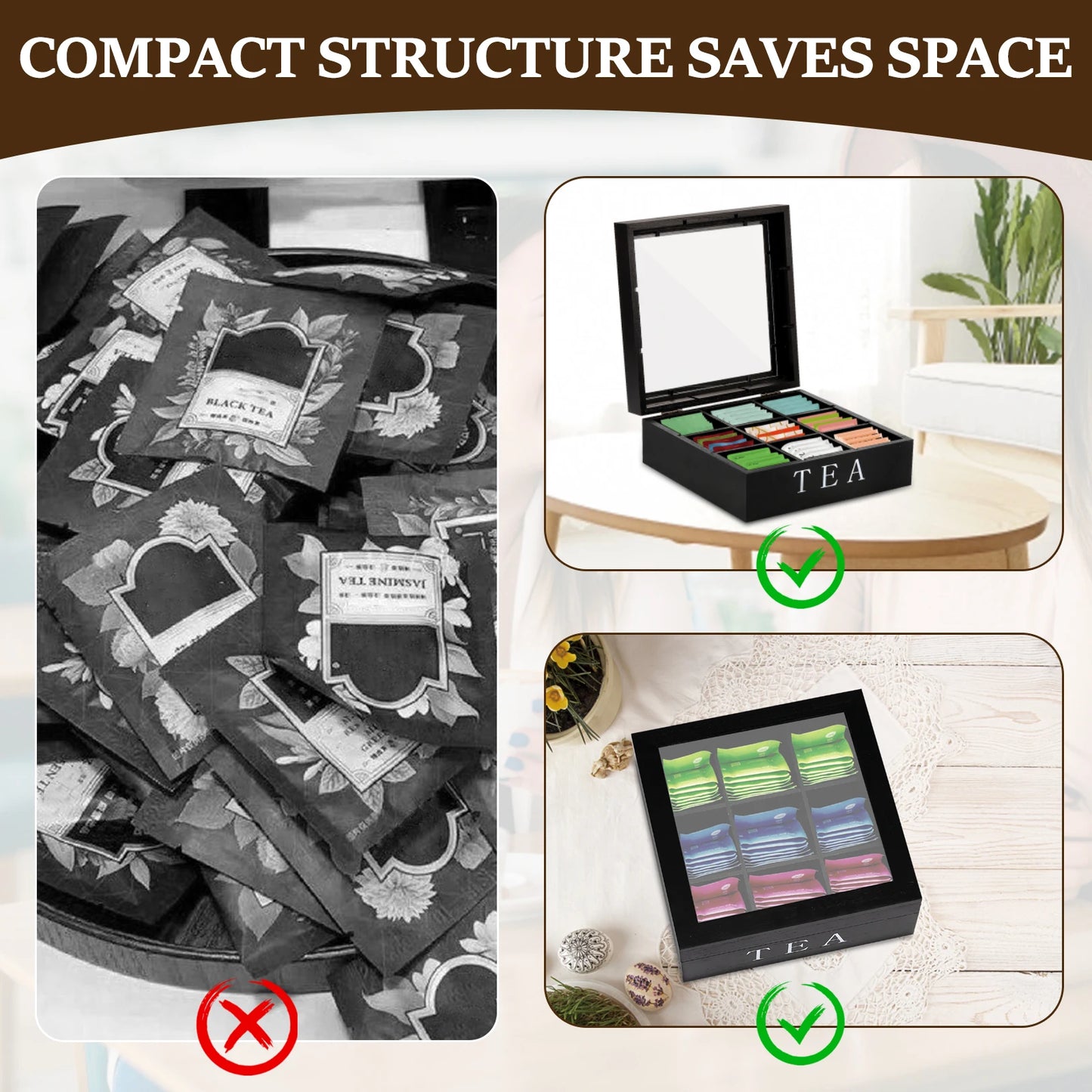 Grids Wooden Tea Bag Holder Sugar Packets Spice Pouches Storage Case Instant Coffee Bag Boxes With Clear Lid Tea Bag Organizer