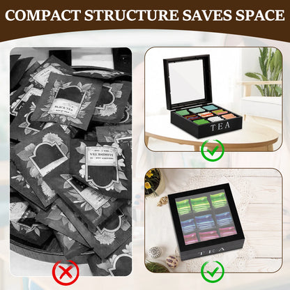 Grids Wooden Tea Bag Holder Sugar Packets Spice Pouches Storage Case Instant Coffee Bag Boxes With Clear Lid Tea Bag Organizer