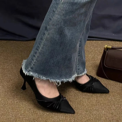 2026New spring and summer large-size elegant white high-heeled shoes for women, with thin heels and pointed toes, slip-on casual