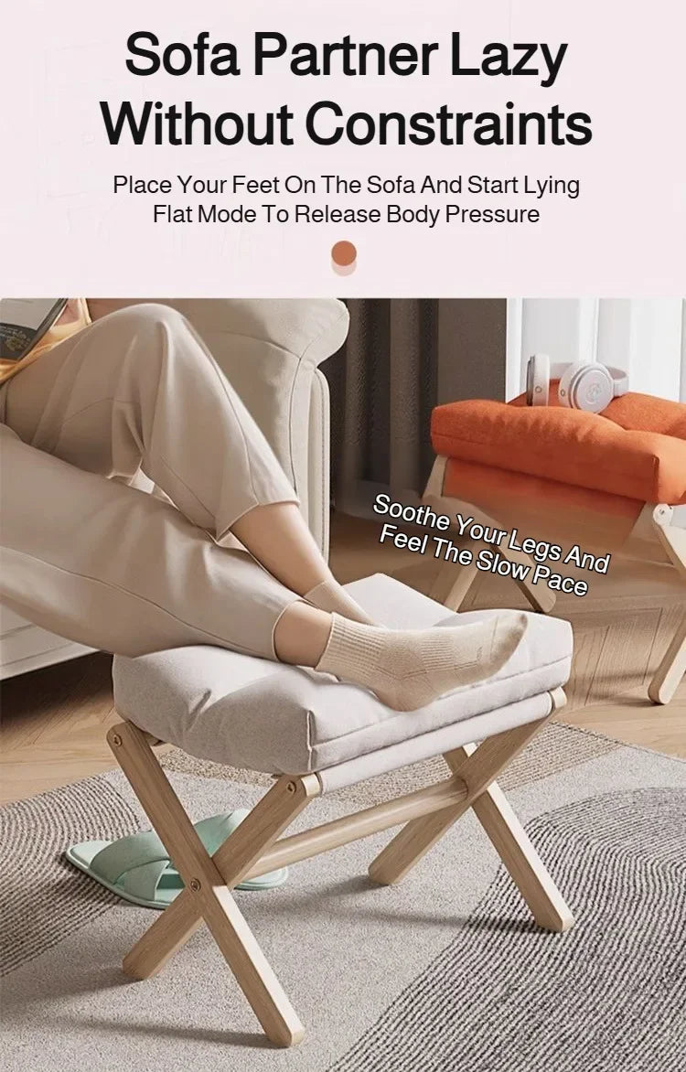 Solid Wood Folding Entryway Stool - Shoe Changing Footstool with Cotton-filled Cushion for Sofa Rest