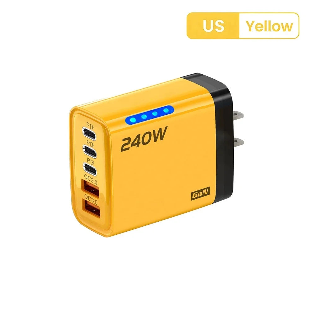 240W GaN 2USB+3Type C Desktop Phone Charger With LED Light Multi Ports Quick Charge 3.0 Adapter For iPhone Samsung Huawei Tablet