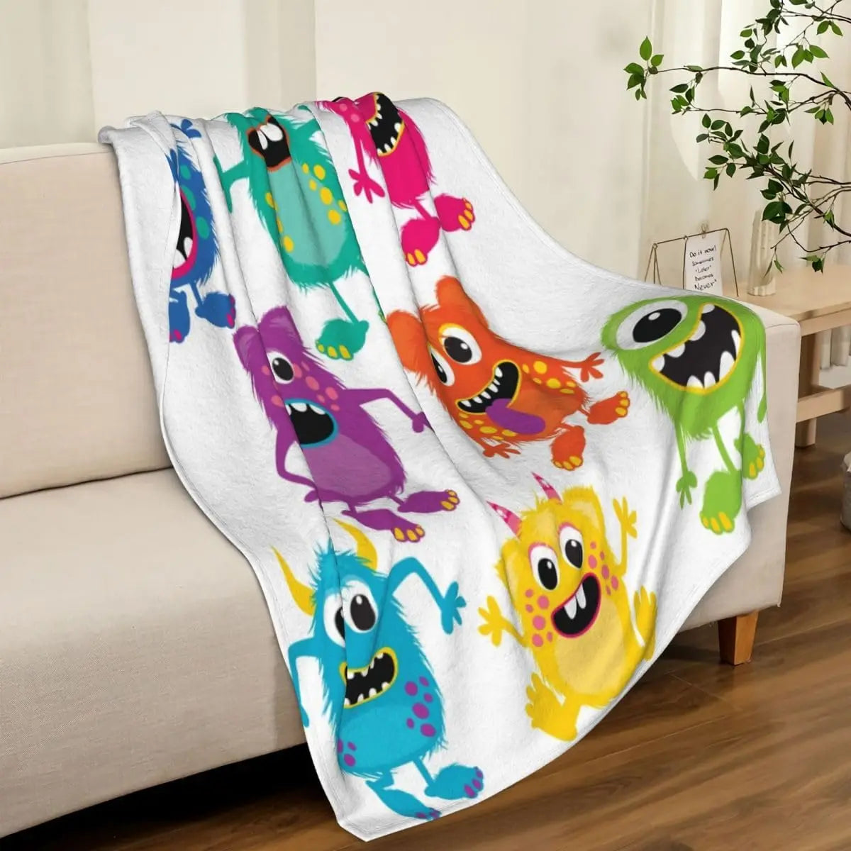 Colorful Cute Cartoon Furry Monster Repeating Print White Base Flannel Throw Blanket,Soft Warm Sofa Cover,Kids Bedroom Rest Gift