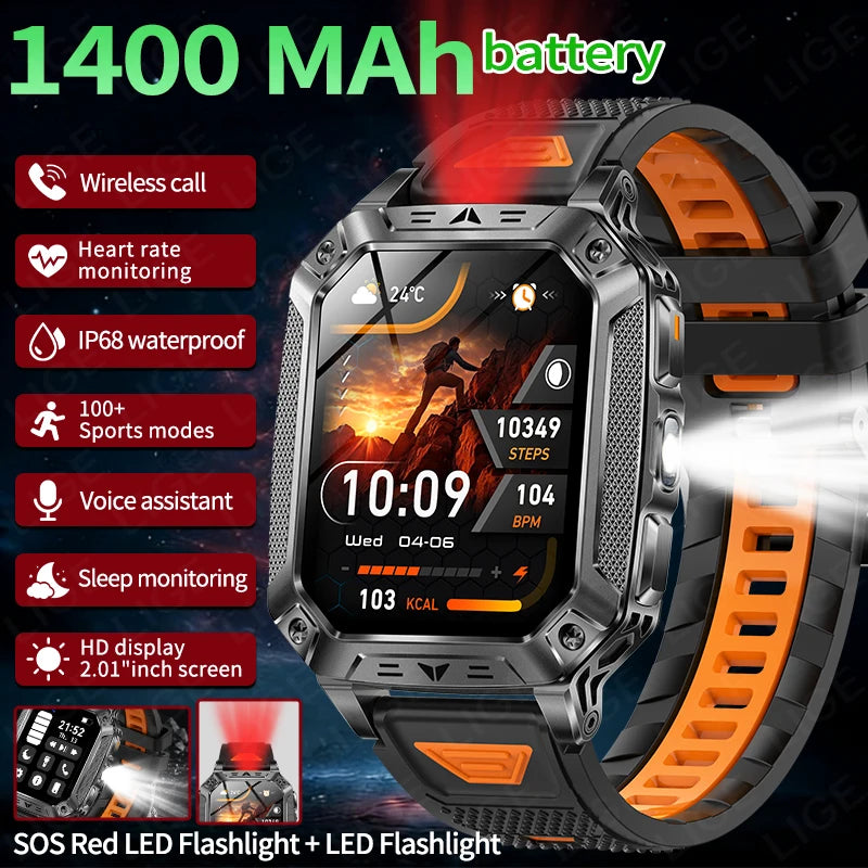 LIGE Wojskowy Inteligentny Zegarek 2.01'' Ekran HD Outdoor Sportowy Męski Zegarek SOS Czerwony Alarm Migająca Latarka Monitor Zdrowia Smartwatch