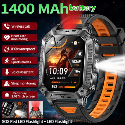 LIGE Wojskowy Inteligentny Zegarek 2.01'' Ekran HD Outdoor Sportowy Męski Zegarek SOS Czerwony Alarm Migająca Latarka Monitor Zdrowia Smartwatch