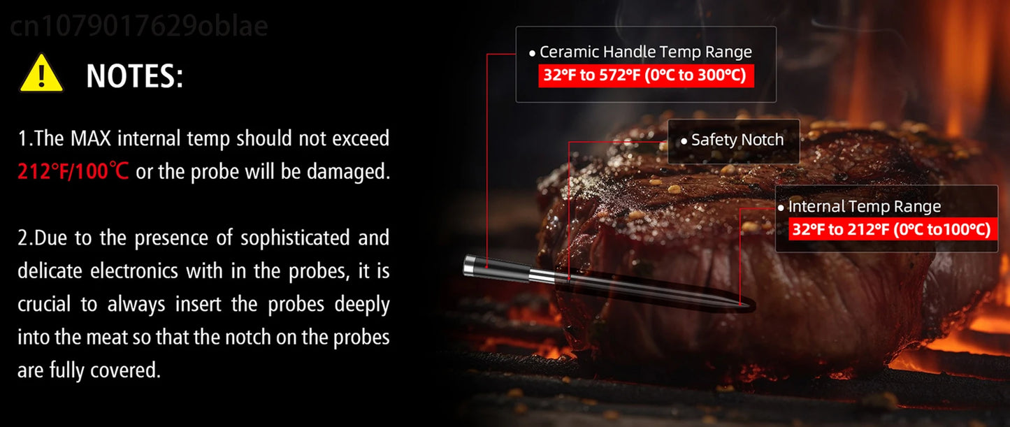 Wireless Bluetooth Meat Thermometer IP67 Waterproof Probes with LCD Screen Booster Rechargeable for Grilling Smoker BBQ Oven
