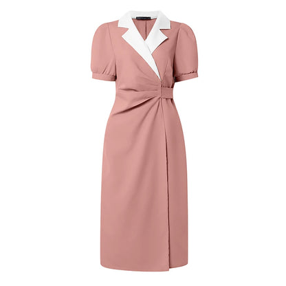 ZANZEA Elegant vColor-Blocked Bodycon A-Line Midi Dress Lapel Collar Short Puff Sleeves Ruched Waist Office Work Vestidos