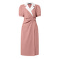ZANZEA Elegant vColor-Blocked Bodycon A-Line Midi Dress Lapel Collar Short Puff Sleeves Ruched Waist Office Work Vestidos
