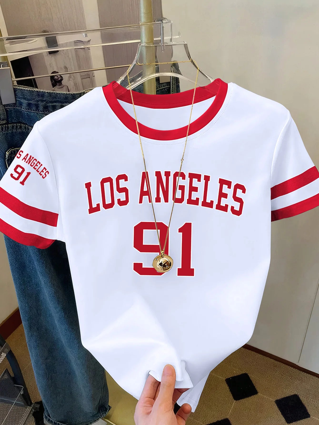 Summer Women's Los Angeles NO.91 Print Round Neck Short Sleeve T-Shirt Summer Graphic Te Jerseys Plus Size Sport T-Shirt Tops
