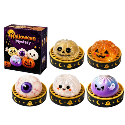 New 1-5pcs Halloween Ghost Dumpling Squishy Toy with Box Squeeze Decompression Fidget Toy for Stress Relief Gift Box Set