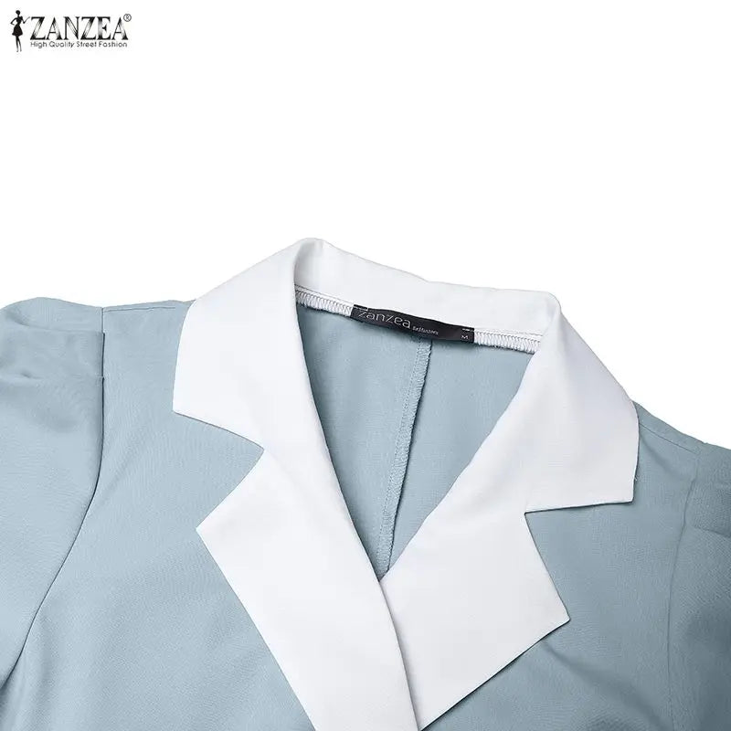 ZANZEA Elegant vColor-Blocked Bodycon A-Line Midi Dress Lapel Collar Short Puff Sleeves Ruched Waist Office Work Vestidos