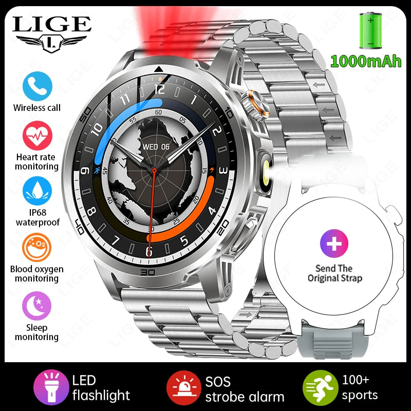 LIGE Nowy Wojskowy Zewnętrzny Inteligentny Zegarek 1,85" AMOLED Bateria 1000mAh 5ATM Wodoodporny Rozmowy Głosowe Sportowa Męska Opaska Fitness