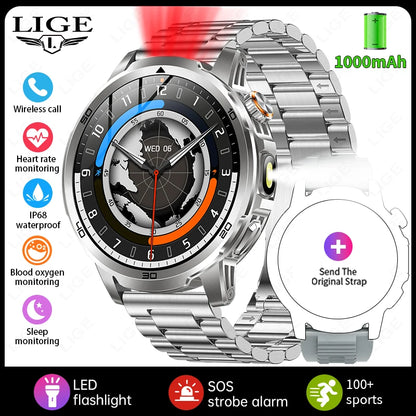 LIGE Nowy Wojskowy Zewnętrzny Inteligentny Zegarek 1,85" AMOLED Bateria 1000mAh 5ATM Wodoodporny Rozmowy Głosowe Sportowa Męska Opaska Fitness