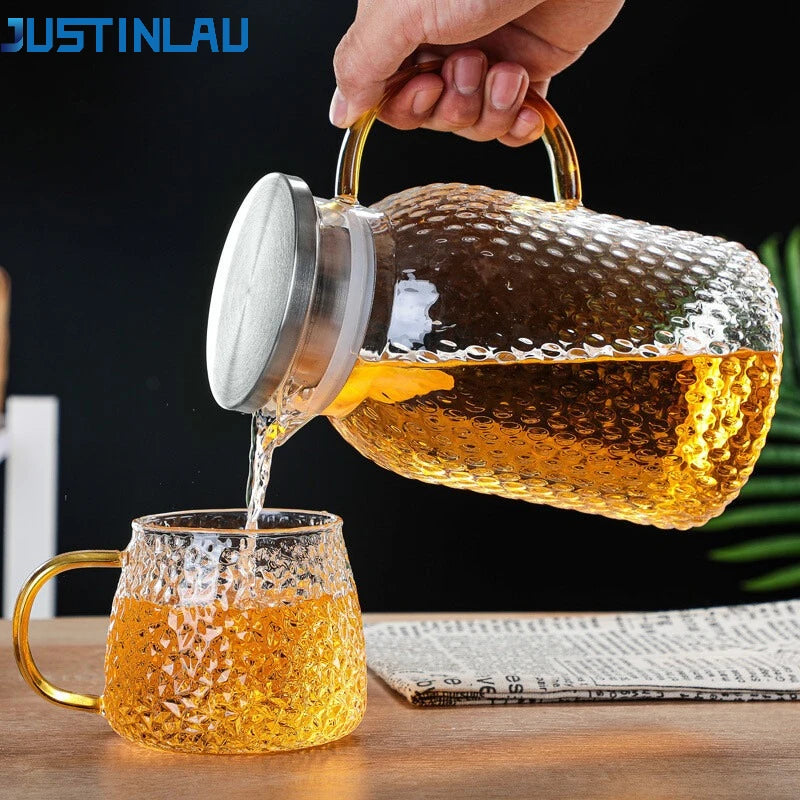 JUSTINLAU Cold Water Jug Heat-resistant Glass Teapot Large Capacity Rice Grain Pattern Boil Water Kettle for Kitchen and Dining