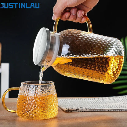 JUSTINLAU Cold Water Jug Heat-resistant Glass Teapot Large Capacity Rice Grain Pattern Boil Water Kettle for Kitchen and Dining