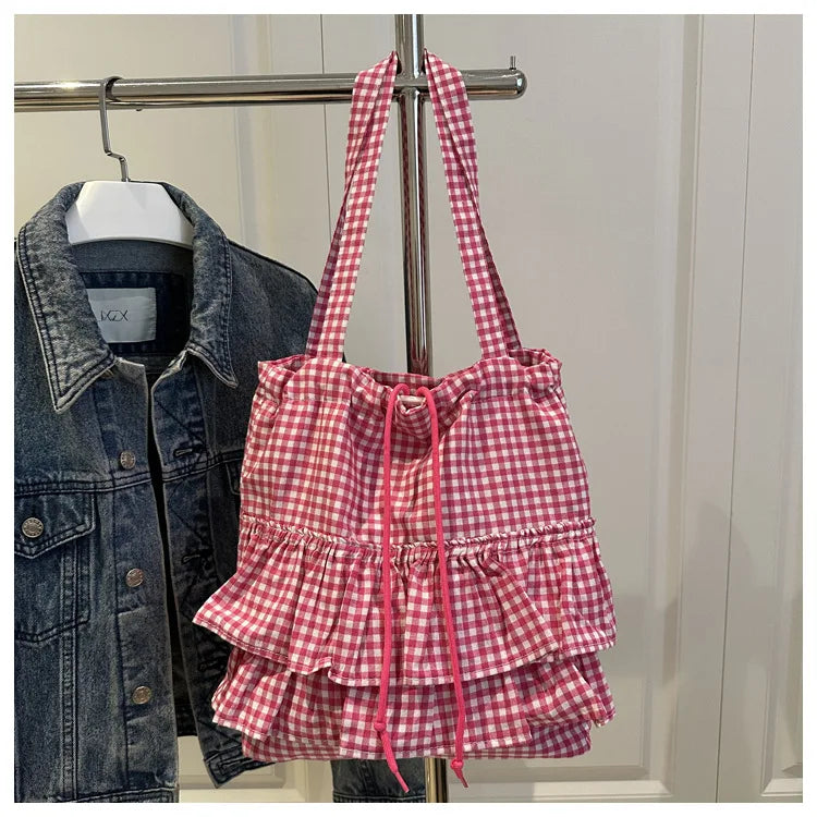 Cute Plaid Cotton Tote Bag Large Capaci Lace Trim Women's Summer 2026 Simple Lady Handbag Soft Shoulder Bags Bolsa Feminina