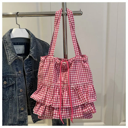 Cute Plaid Cotton Tote Bag Large Capaci Lace Trim Women's Summer 2026 Simple Lady Handbag Soft Shoulder Bags Bolsa Feminina