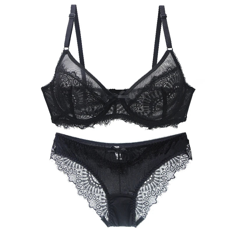 2022 New Sexy Lace Ultra Thin Thick Bra Panty Big Size Female Lingerie Set Women Underwear Brassieres 75-95BC Cup