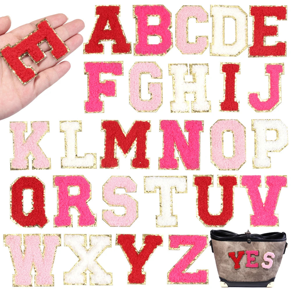 8pcs Sweet 26 Letters Towel Embroidery Patch Pink A-Z Self-adhesive Sticker Decoration For DIY Apparel Bag Crafts Accessories