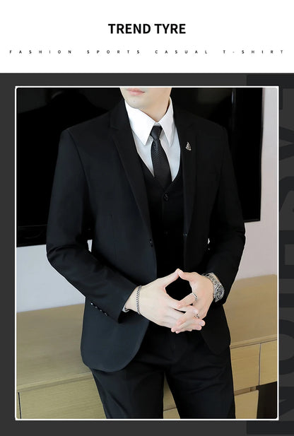 High-End Men's Wedding Suit 3-Piece Set Handsome Banquet Smart Casual Fashionable Three-Quarter Length Vest Trousers Four Season