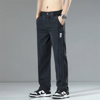 Summer Thin Men's Loose Straight Jeans Lyocell Soft Drape Business Casual Trousers Classic Smoke Gray Brand Ice Silk Denim Pants