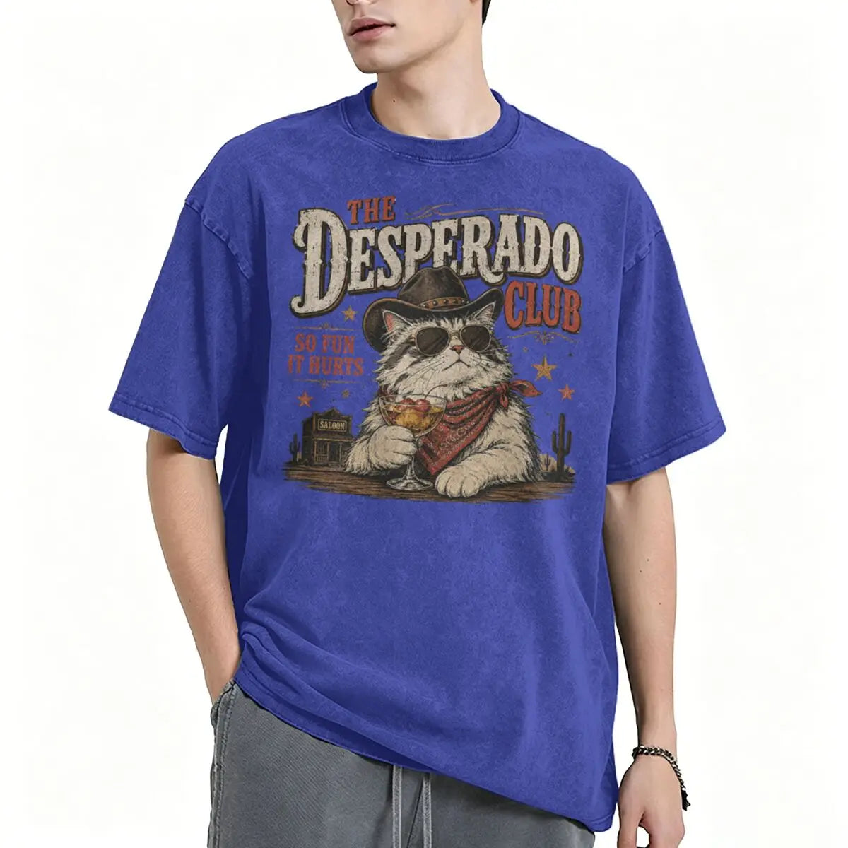 Vintage Washed Western Cowboy Cat T-shirt Cute Animal Manga T-shirts Men Women Cotton Casual Oversized T Shirt Tops