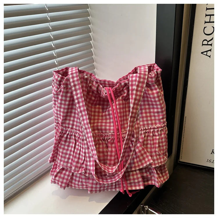 Cute Plaid Cotton Tote Bag Large Capaci Lace Trim Women's Summer 2026 Simple Lady Handbag Soft Shoulder Bags Bolsa Feminina