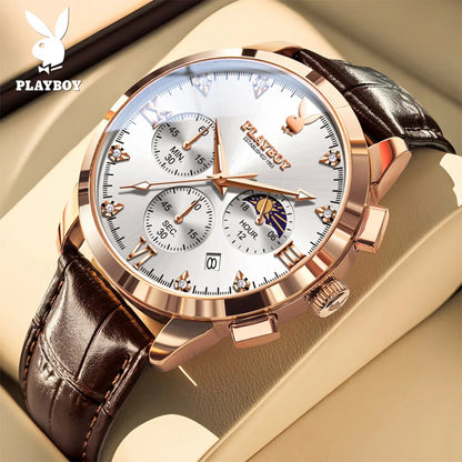 PLAYBOY 3035 Brand original authentic watches for man luxury Gift Box fashion Belt chronograph calendar quartz men's watch