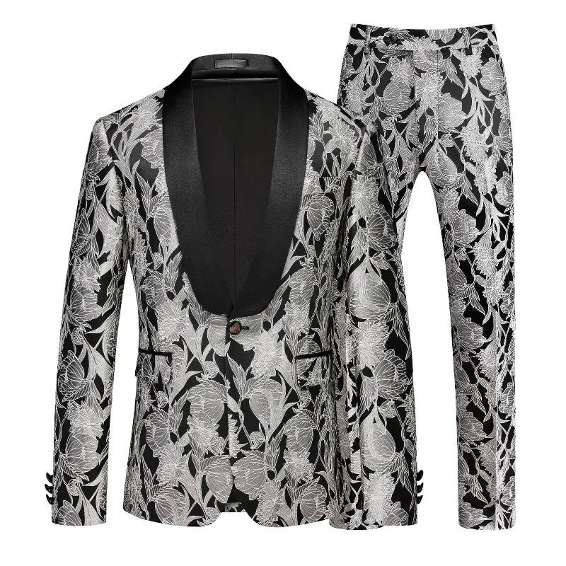 Man Outfit Fashion Printed Patchwork Slim Long Sleeve Men Suit Sets Single-breasted Blazer Straight-leg Pants Male 2-piece Suits