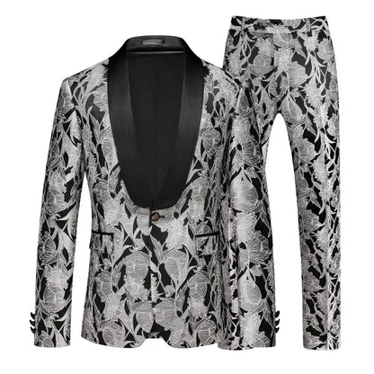 Man Outfit Fashion Printed Patchwork Slim Long Sleeve Men Suit Sets Single-breasted Blazer Straight-leg Pants Male 2-piece Suits