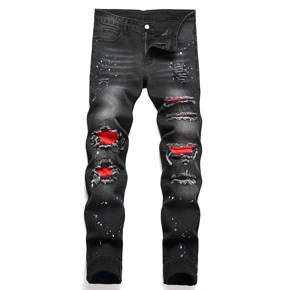 Men's Y2K Fashion Ripped Patchwork Hole Straight Black Jeans Slim Fit Stretchy Skinny Denim Pants Casual Hip Hop Brand Trousers