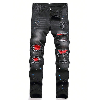Men's Y2K Fashion Ripped Patchwork Hole Straight Black Jeans Slim Fit Stretchy Skinny Denim Pants Casual Hip Hop Brand Trousers