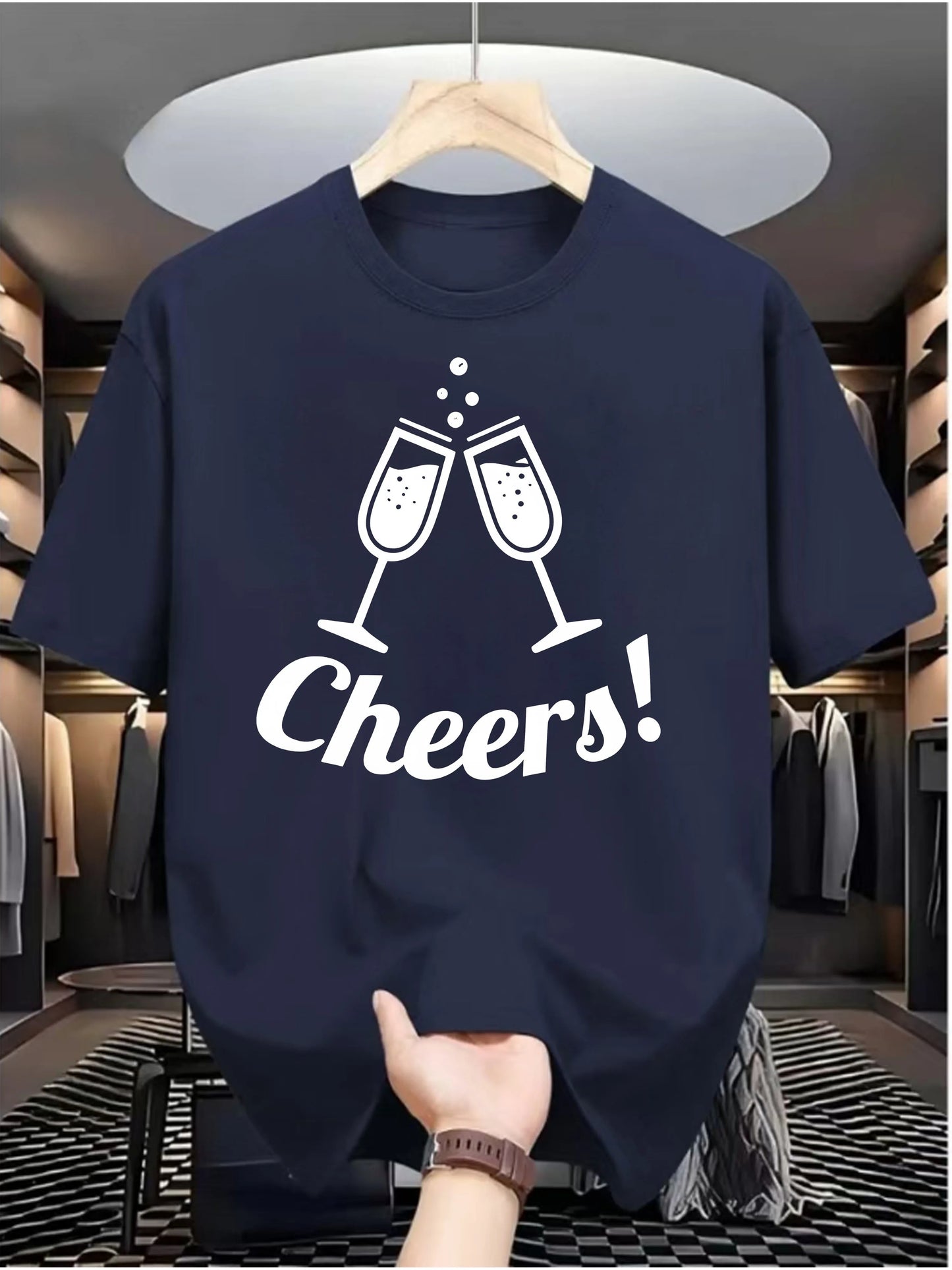 Summer Male Casual White T Shirt Minimalist Cheers Clinking Champagne Cups Print Soft Cotton Short Sleeve Celebration Top