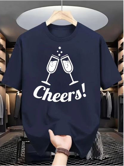 Summer Male Casual White T Shirt Minimalist Cheers Clinking Champagne Cups Print Soft Cotton Short Sleeve Celebration Top