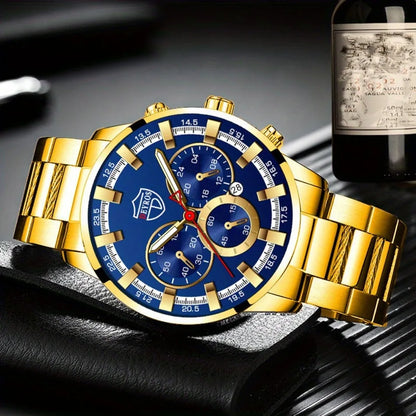 6P/Set Golden Quartz Watch Set for Men, Gold Business Casual Fashion Watch Set for Men