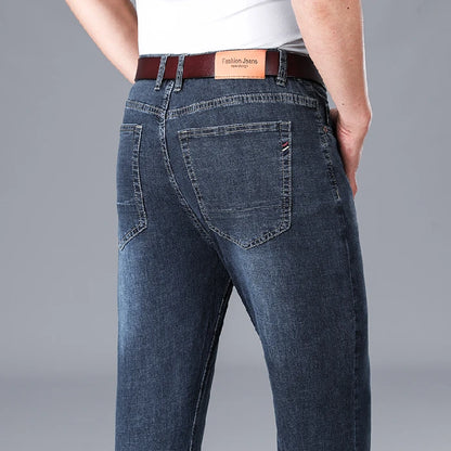 2026 Summer Brand Business Casual Men's Straight Denim Softener Lightweight Jeans Classic Embroidered Cotton Stretch Thin Pants