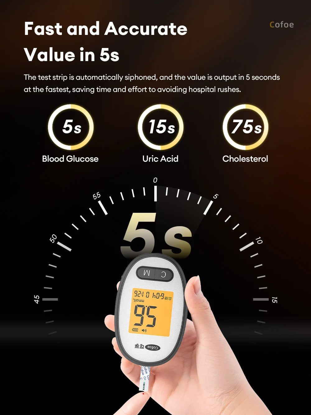 Cofoe Uric Acid, Glucose, Cholesterol 3-in-1 Monitor - Medical Grade Accuracy Blood Glucose Meter Uric Acid Cholesterol Monitor