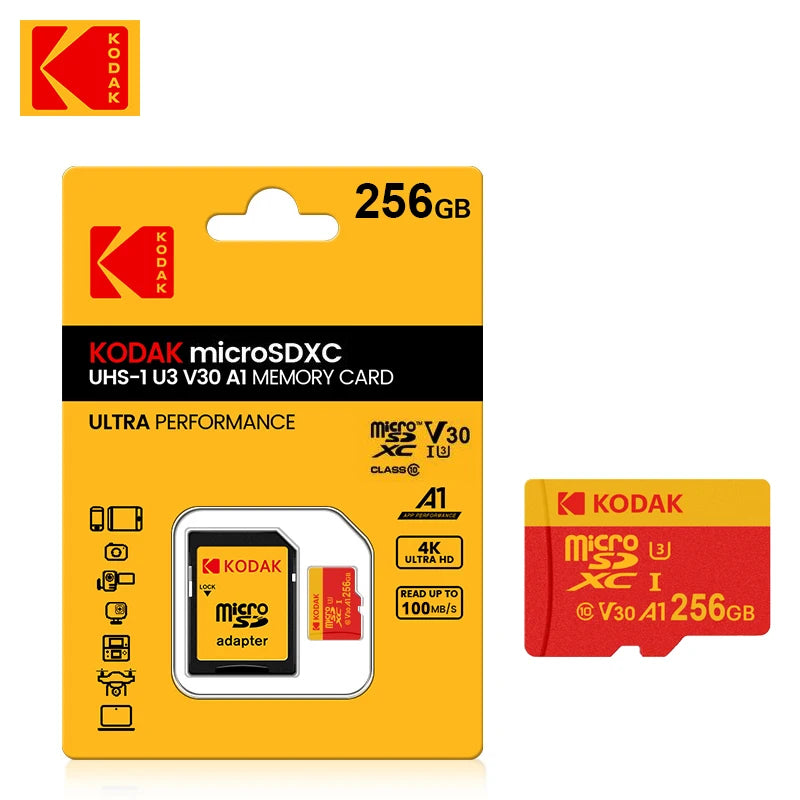 Kodak Mircosd Card with Adapter U3 V30 Class 10 Micro sd Card Memory Card TF Card 32GB/64GB/128GB/256GB Supports 4K & Full HD