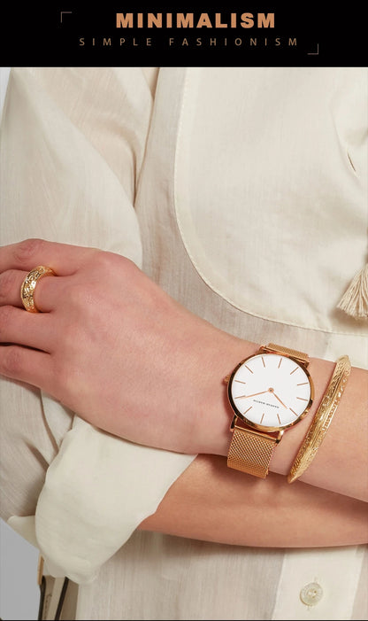 2023 New Women Bracelet Watch 1 Set Japan Quartz Movement Simple Rose Gold Stainless Steel Mesh Student Watches Relogio Feminino