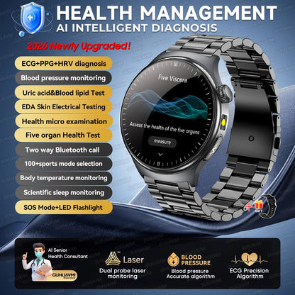 2026 New AI-Diagnosis Care Smartwatch ECG+PPG Accurate Uric Acid Blood Pressure Body Fat Five Organ Fitness Waterproof Smartwatc