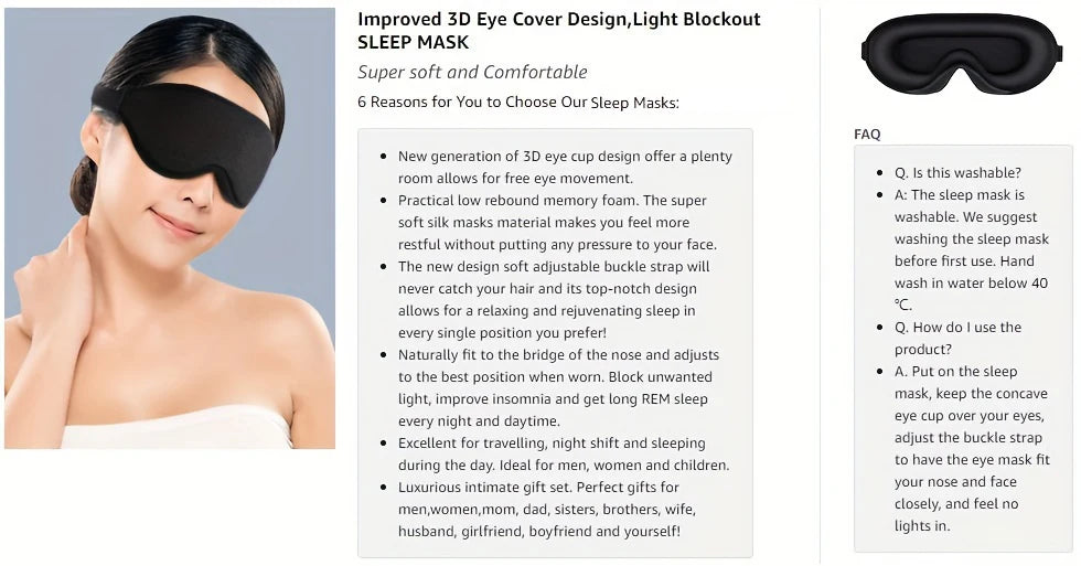 3D Sleep Mask With Noise Ear plug, Adjustable Strap, Light Blocking Night Eye Mask, Soft & Comfortable