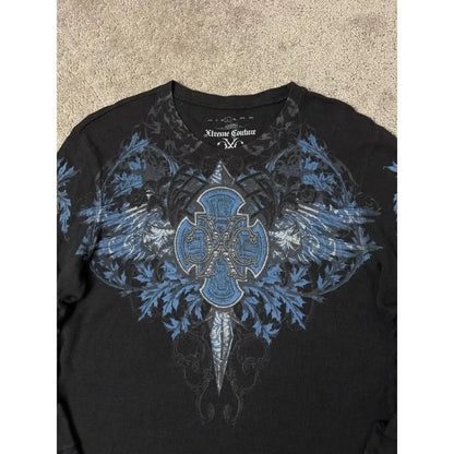 imited Stock Men's Harvester Skull T-Shirt Gothic Wings Cross Print  Vintage Streetwear Soft Breathable FabricL