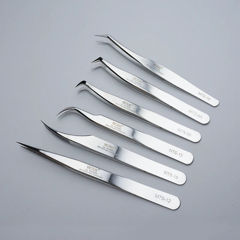 VETUS Original New MTS Series Silver Tweezers for Eyelash Extensions Stainless Steel Hyper Fine Tip Anti Static ESD Tweezers