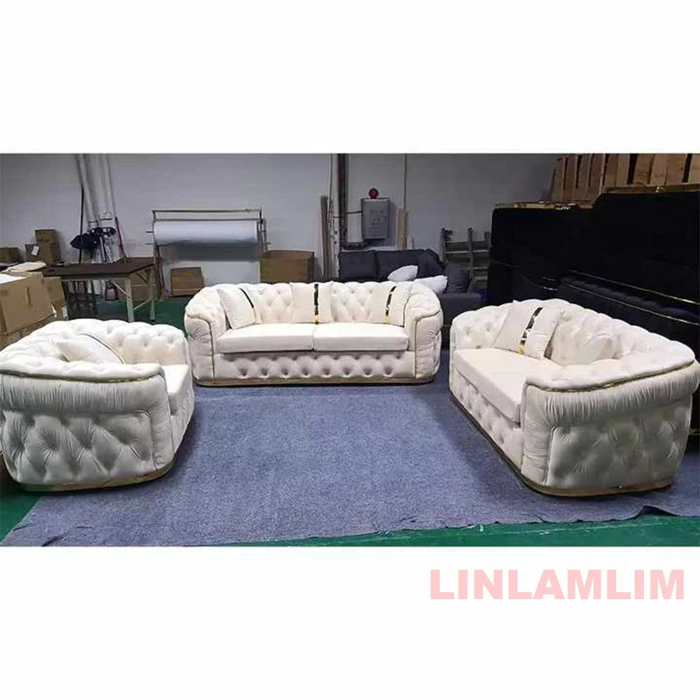 Luxury Chesterfield Sectional Sofa Set with Cloth Buttons and Fabric Modular Couch with Gold Stainless Steel Base, 3-seater Sofa