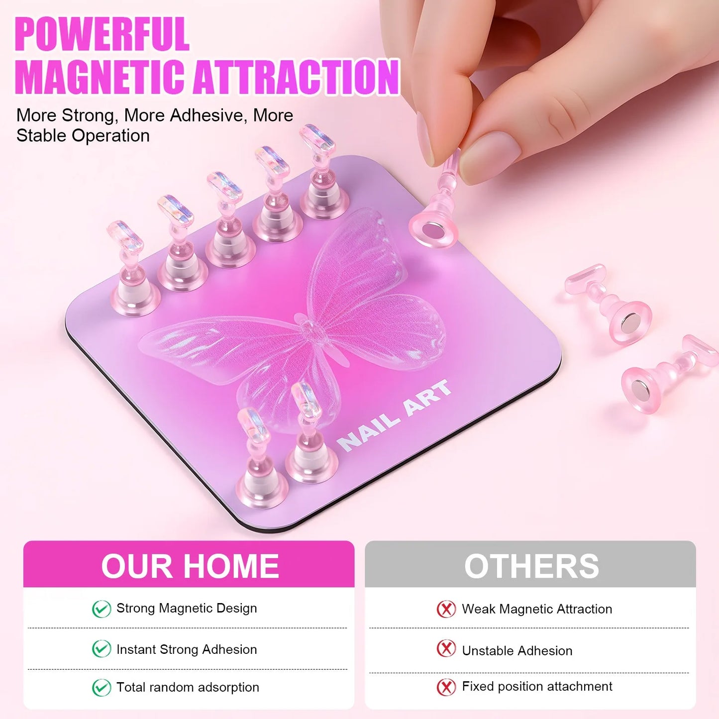 Pink Butterfly Nail Holder 6Pcs/Set False Nail Tip Practice Stand Aurora Base Full Magnetic Holder Tray Nail Art Salon Practice