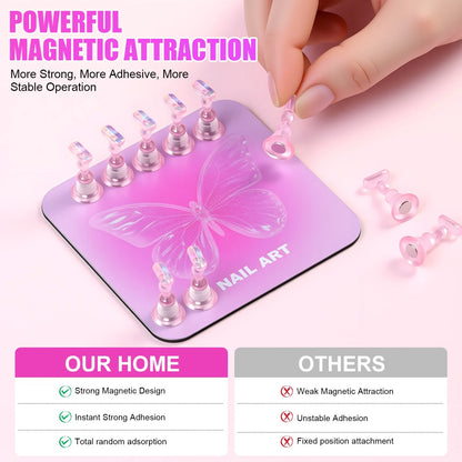 Pink Butterfly Nail Holder 6Pcs/Set False Nail Tip Practice Stand Aurora Base Full Magnetic Holder Tray Nail Art Salon Practice