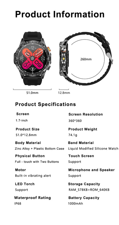 LIGE Nowy wojskowy do T-Rex 3 Ultra Smart Watch Bateria 1000 mAh Wodoodporny IP68 Kompas Latarka Sportowy monitor Smartwatch Mężczyźni