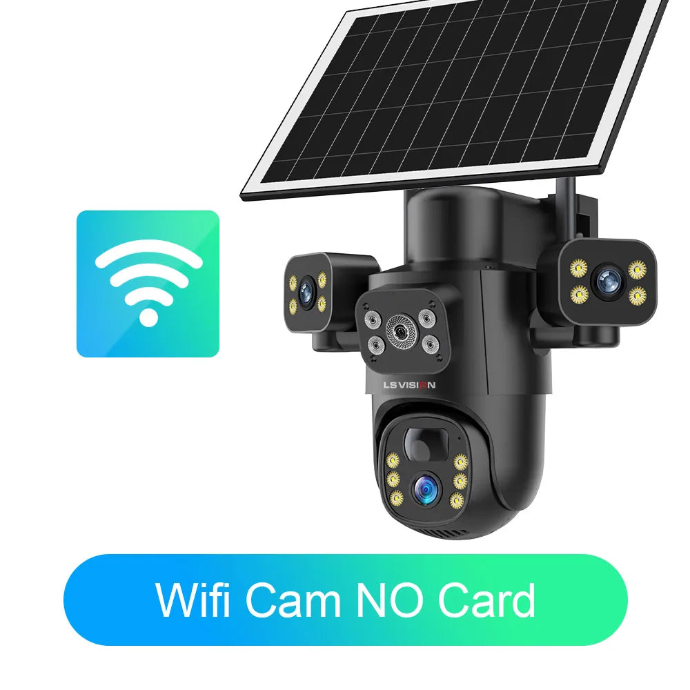 LS VISION 4G / WiFi Solar Camera 3Lenses Outdoor 15MP 4K Low Power Battery IP Camera PIR Night Vision V380 Pro CCTV Security