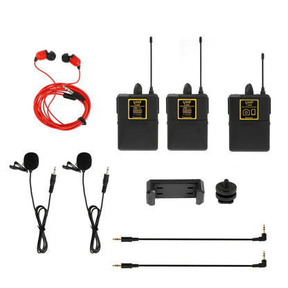 Professional UHF Wireless Lavalier Microphone with Audio Monitor Function Mic 2 Channels 80m Range for DSLR Cameras Interview